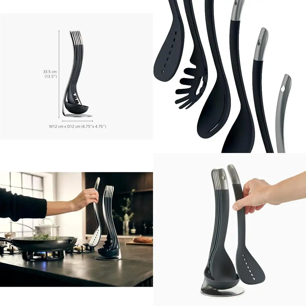 

Компактный набор кухонной утвари Nest из 5 предметов с магнитной подставкой, можно мыть в посудомоечной машине, черный/нержавеющая сталь