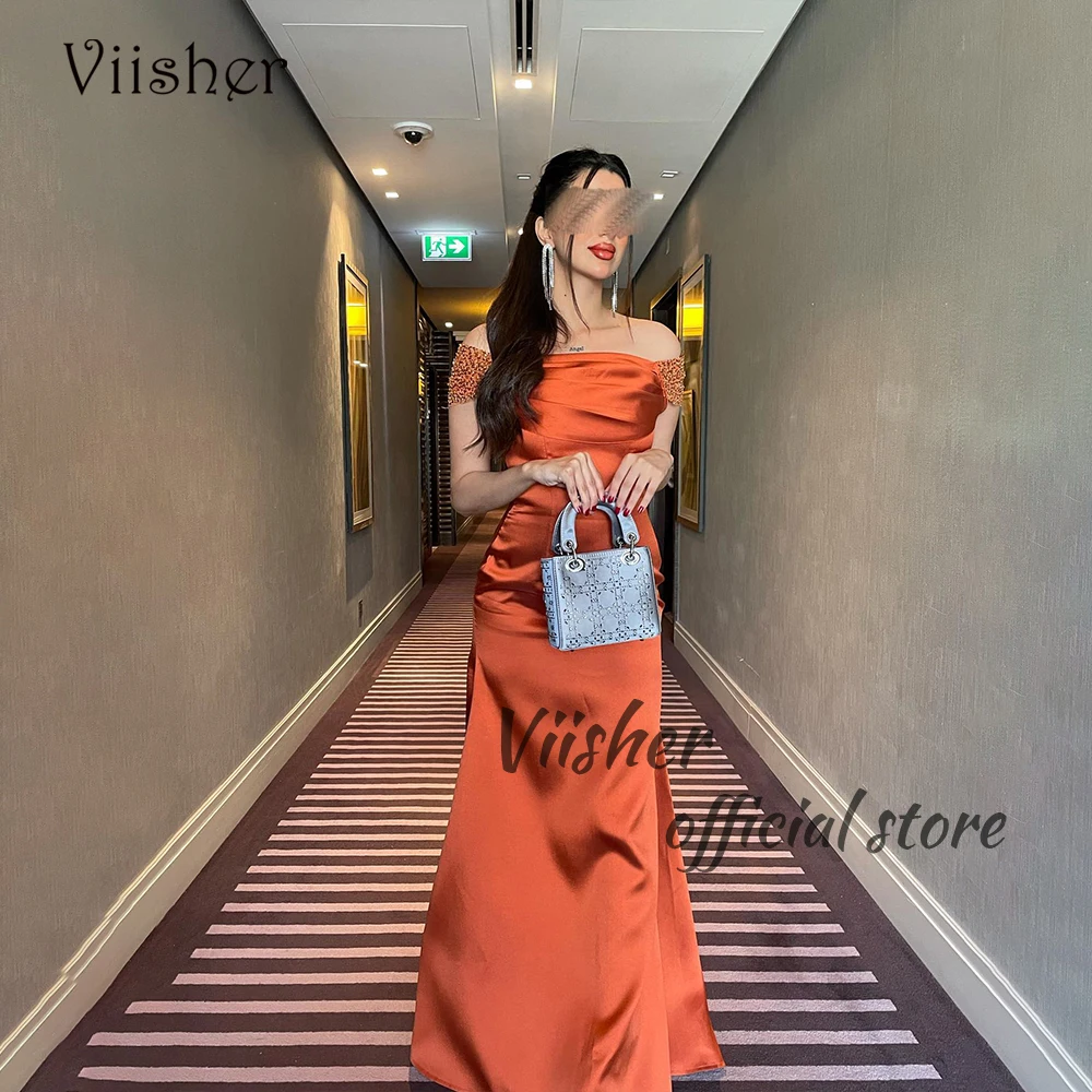 

Orange Satin Mermaid Evening Dresses for Women Off Shoulder Strapless Formal Dress Floor Length Arabian Dubai Prom Party Gowns