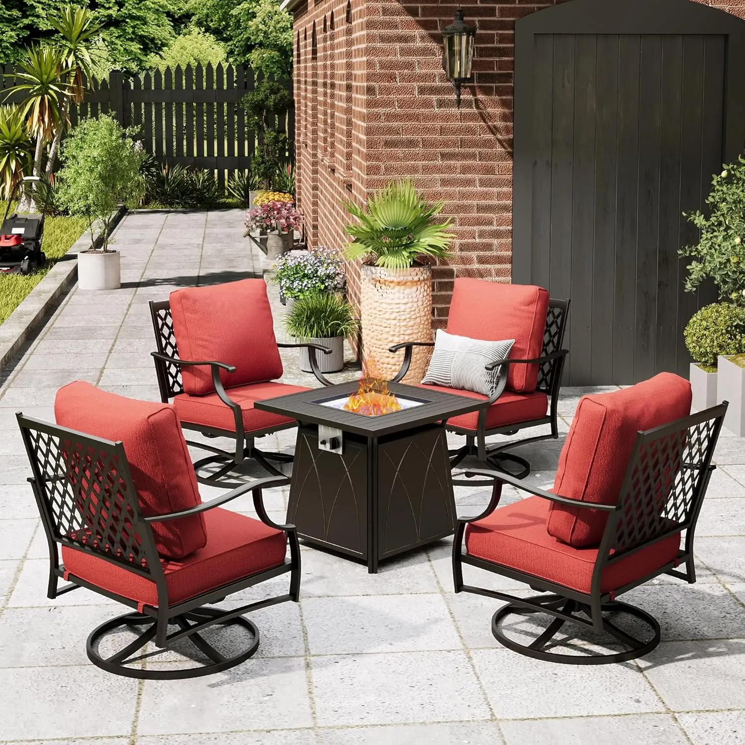 

Комплект для отдыха на открытом воздухе из 5 предметов: металлический стол для костра 28 дюймов, 4 поворотных стула с подушками 5,75 дюймов, для двора/террасы, на заказ