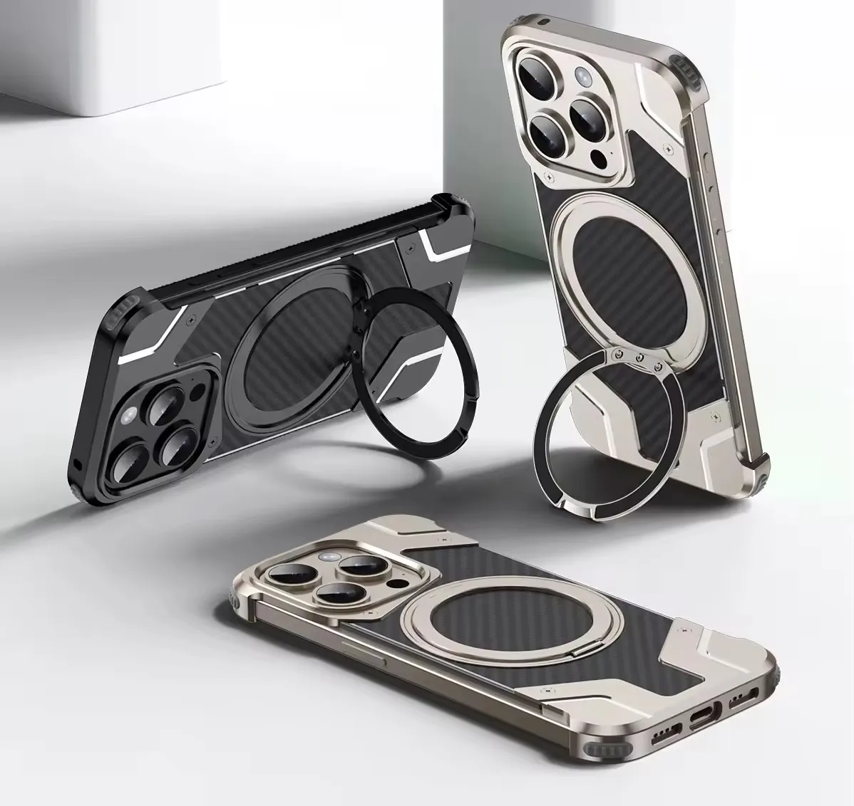 

Magnetic Aluminum Frameless Metal Case for iphone 16 Pro Max Carbon Fiber Covr For iphone 15 14 13 Pro Max 360 Rotating Holder