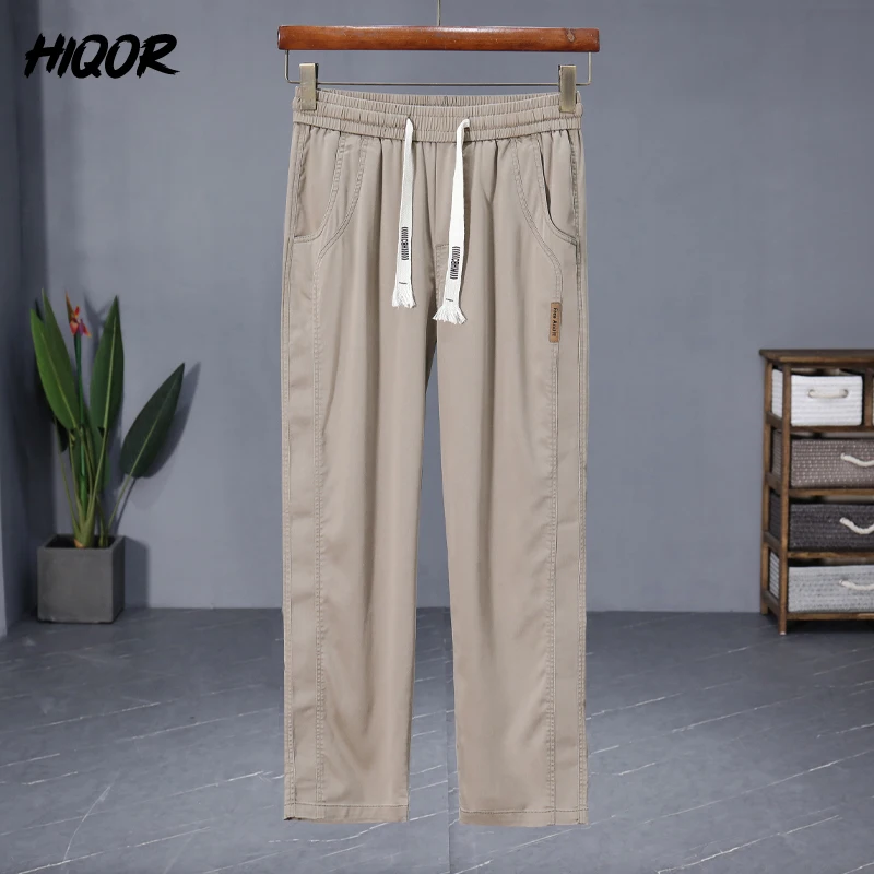 Marca HIQOR, ropa para hombre, Pantalones rectos de seda helada para hombre, novedad de verano en pantalones casuales finos, pantalones de chándal elásticos transpirables para hombre