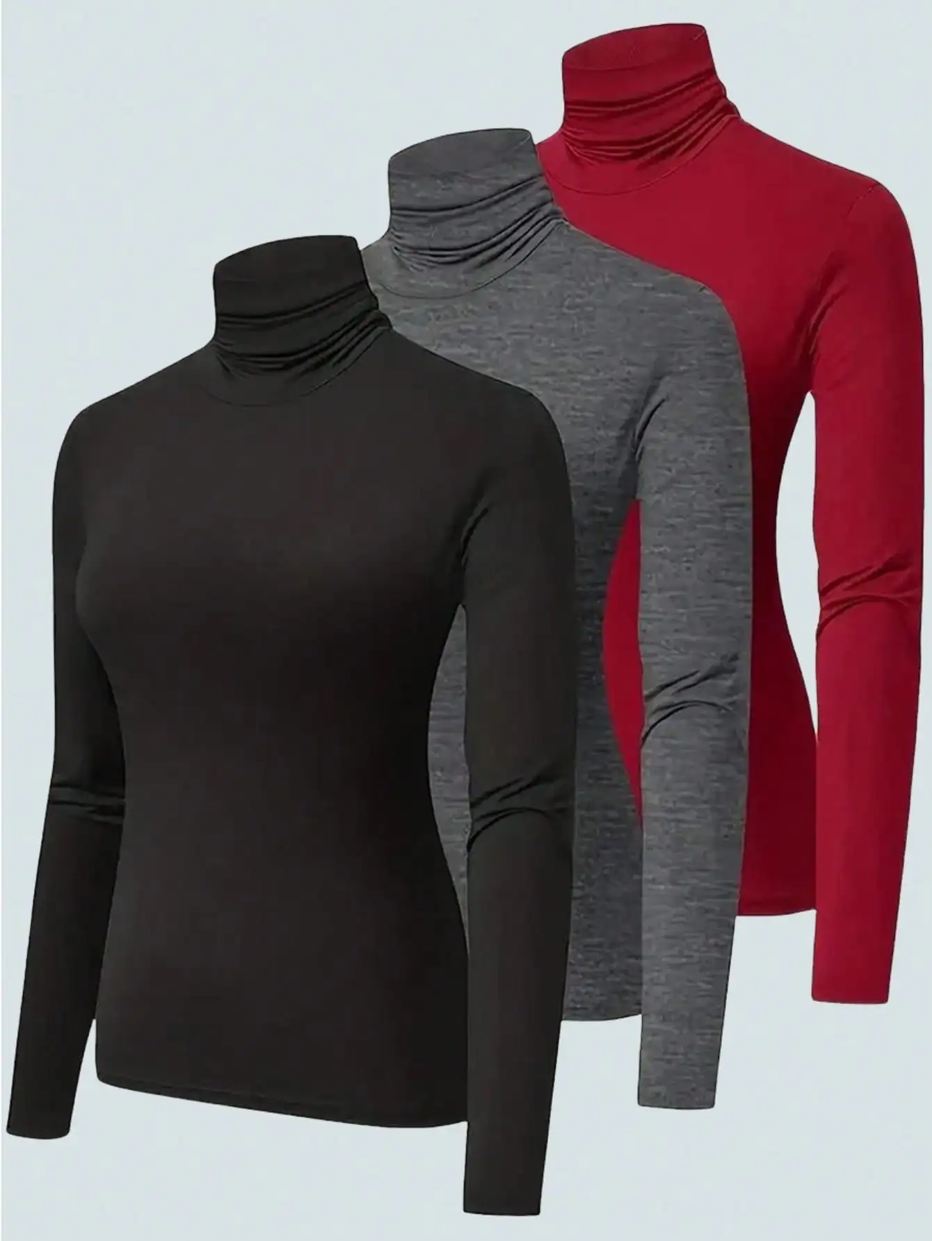 

3-Pack Solid High Neck Long Sleeve Tees for Women - Black, Gray, Red