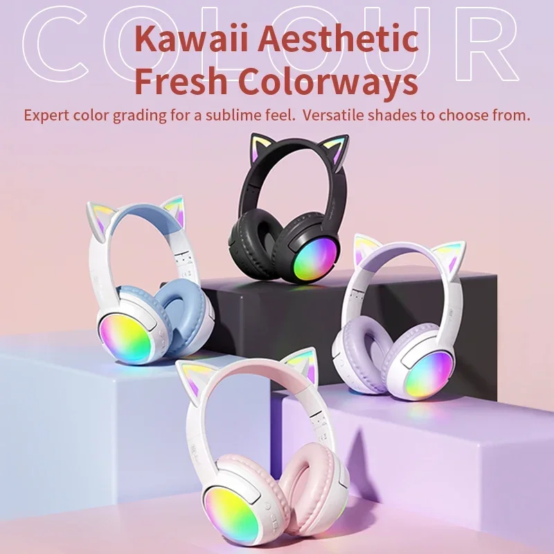 

Беспроводные Bluetooth-наушники с кошачьими ушками, RGB-подсветкой, Bluetooth 5.4, с микрофоном, складные, накладные, для игр