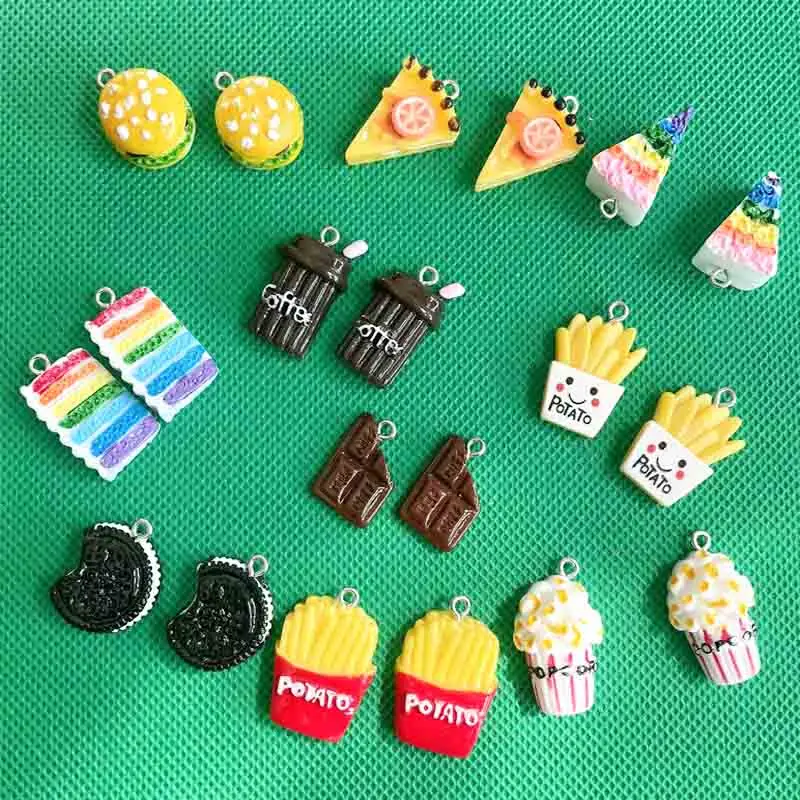 10pc Cute Simulation Hamburger Chips Chocolate Popcorn Cake Charms For Pendant DIY Earrings Necklace Jewelry Accessories Finding