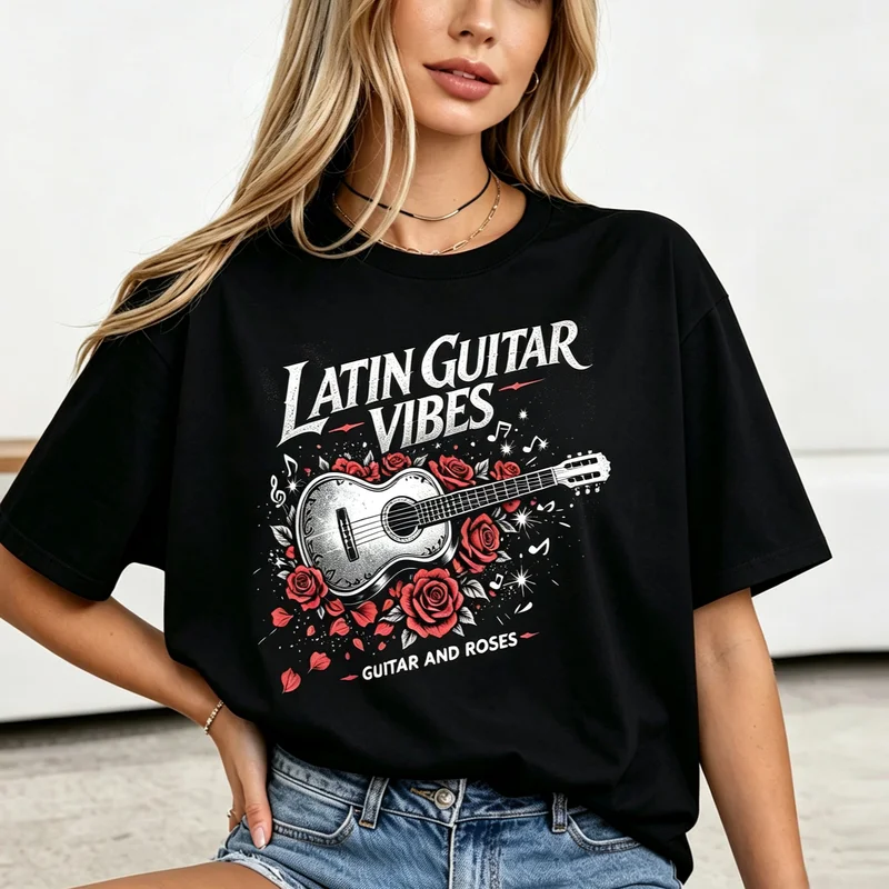 Latin Guitar Vibes T Shirt Vintage Spanish Guitar Print Casual Short Sleeve Tops for Women Music Lover Holiday Gift Y2k Top