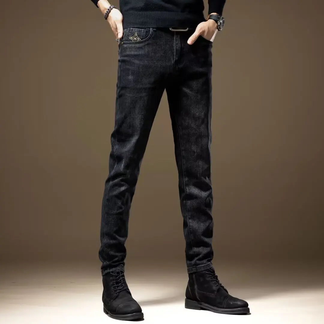 Simple Men Slim Casual Straight Fashion Classic Pants Cargo Denim Jeans Solid Streetwear Trousers Men's Stretchy Denim Jeans