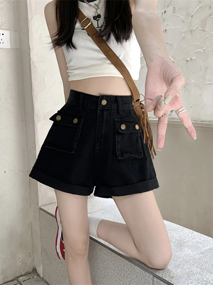 High Waist Double Pocket Pants Shorts Women's Loose Wide Leg Retro Summer Fashion Design Sensation Hot Shorts Trendy