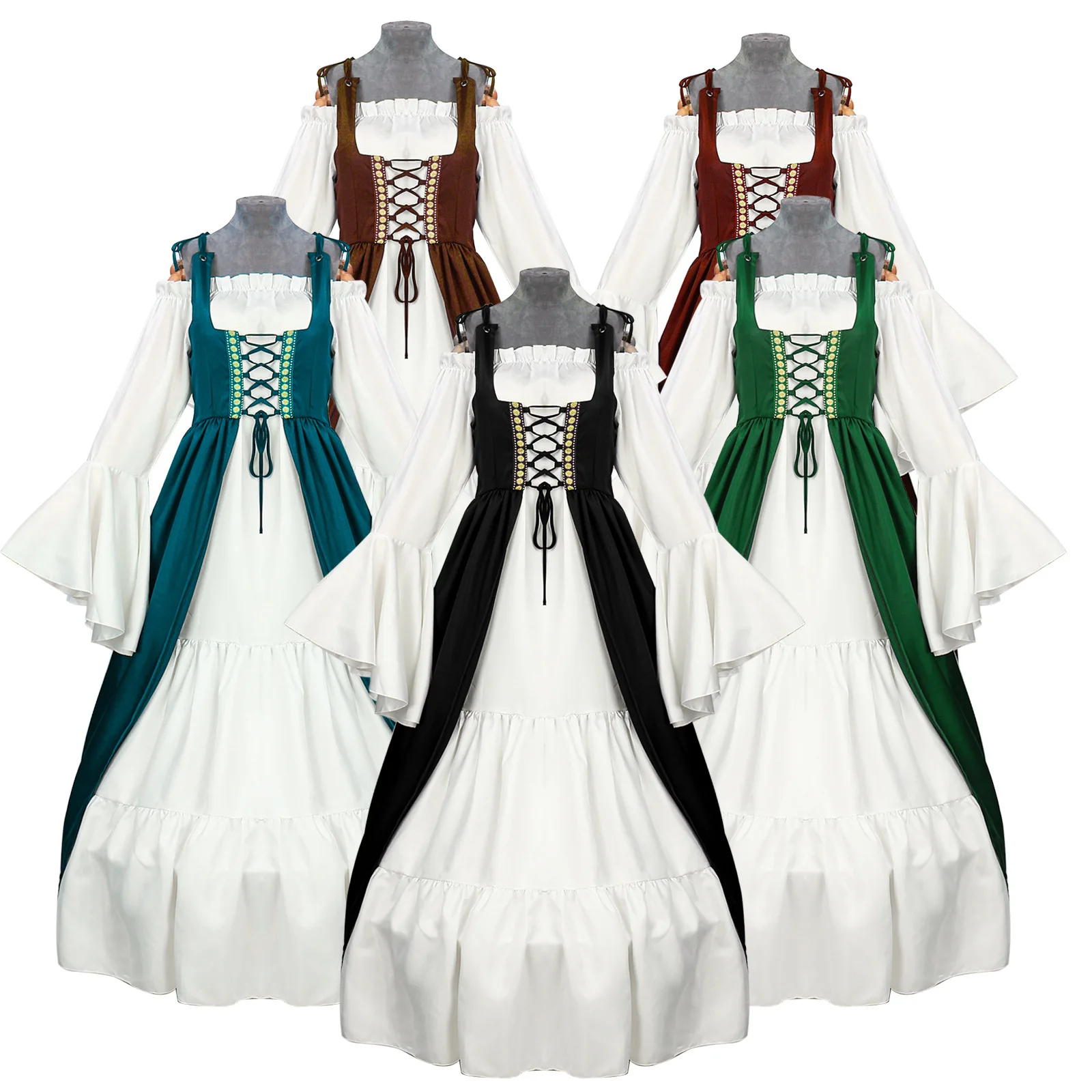 

European Medieval Court Retro Long-sleeved Waist Skirt Clothing One-word Collar Bat-sleeved Swinging Long Skirt Women's Wholesal