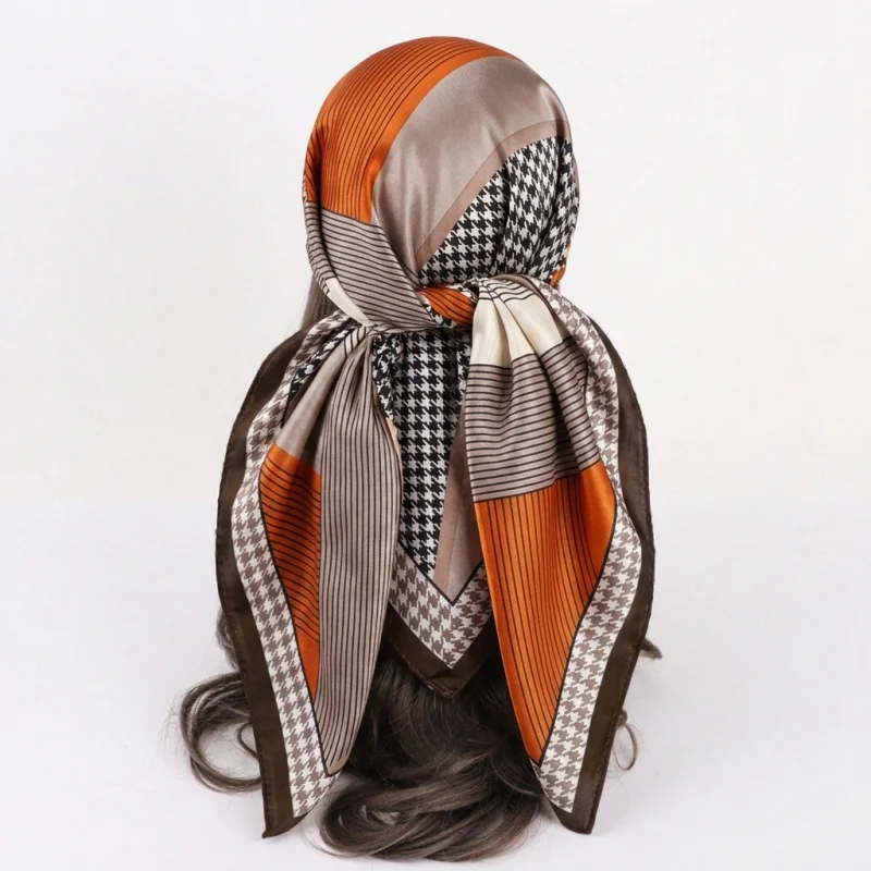 

Vintage Satin Square Scarf Women Summer Hijab Houndstooth Stripe Patchwork Lightweight Wrap Hair Tie Casual Travel Accessory
