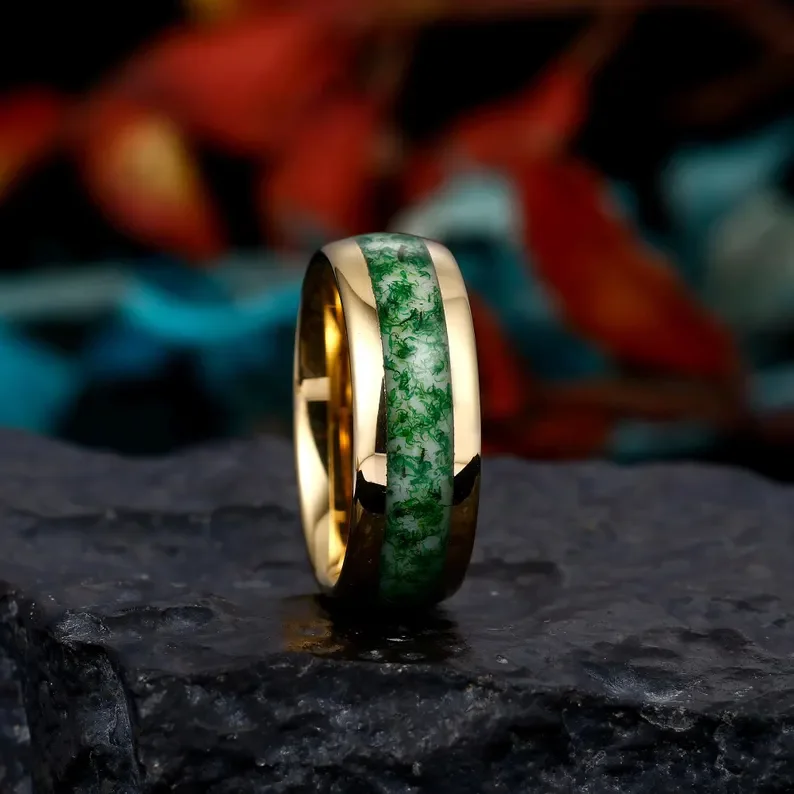 Mens Wedding Ring, Moss Agate Tungsten Ring, Polish 8mm, Mens Wedding Band, Natural Moss Agate Gold Mens Ring