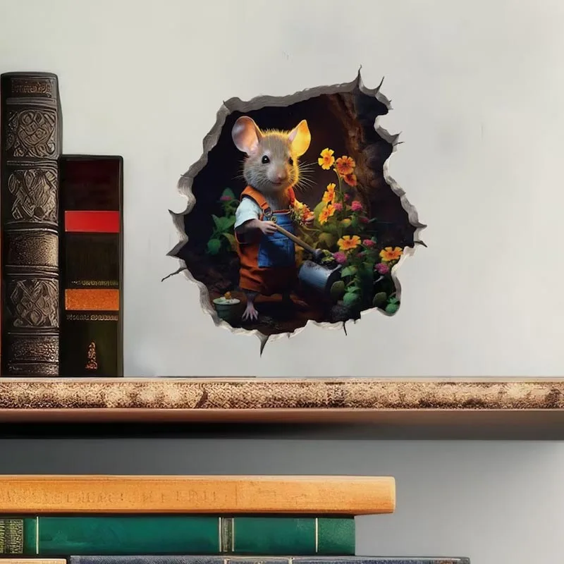 M455 Gardener Mouse in Mouse Hole Decal - Mouse Hole 3D Wall Sticker