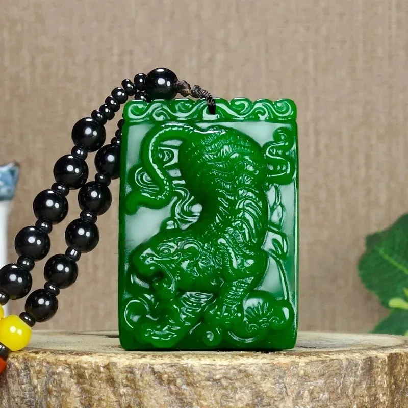 

Green Natural Handmade Carved Tiger Pendant, Fashionable Boutique Jewelry for Men and Women, Mountain Tiger Jade Necklace Gift
