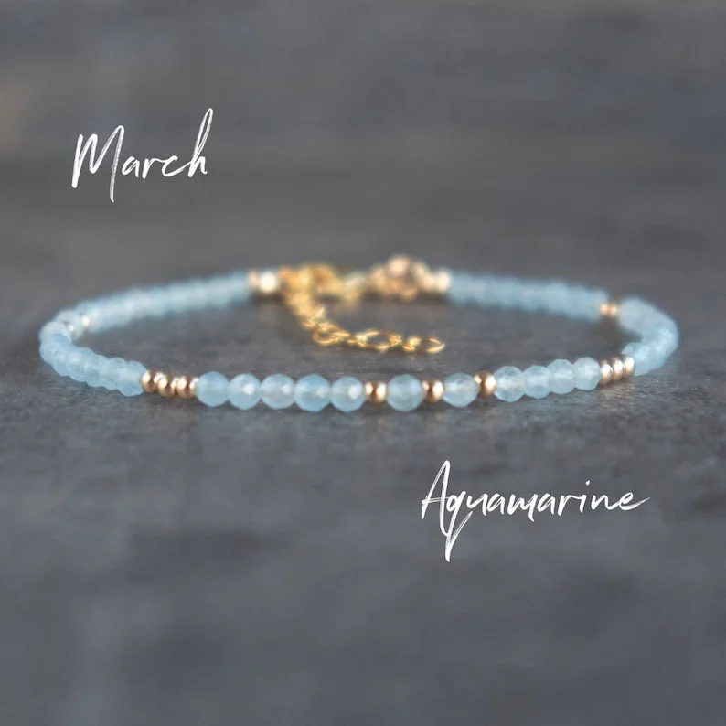 Aquamarine Bracelet, Stacking Bracelets for Women in Sterling Silver & Rose Gold, March Birthstone Bracelet,Birthday