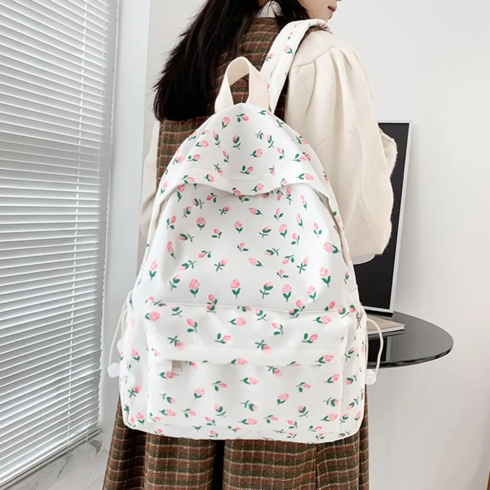 Korean Student School Backpack Floral White School Bags For Teenage Girls Cute Women\'s Backpack Brand Book Bag Nylon Rucksack