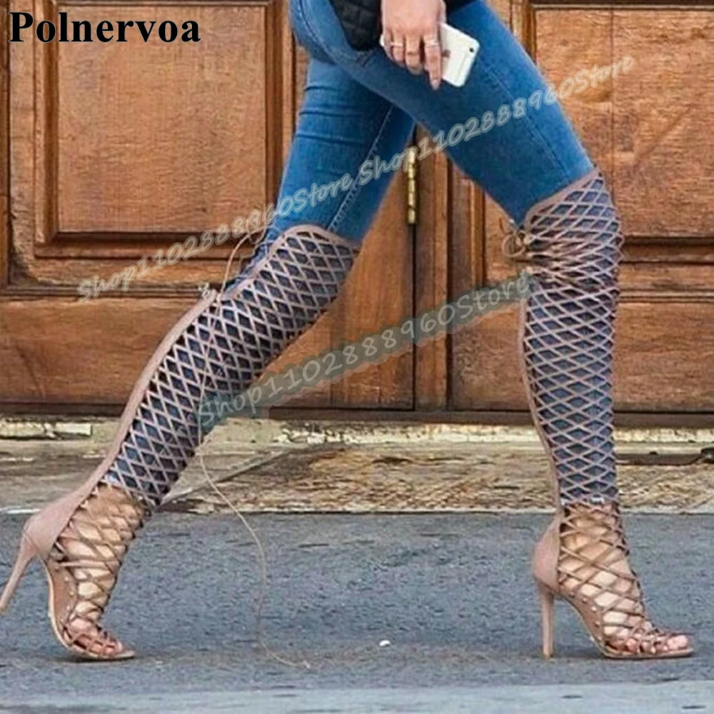 

Sexy Over The Knee Solid Net Cross Tied Sandal Boots Stilettos High Heel Shoes For Women Back Zipper Peep Toe Trendy Party Shoes