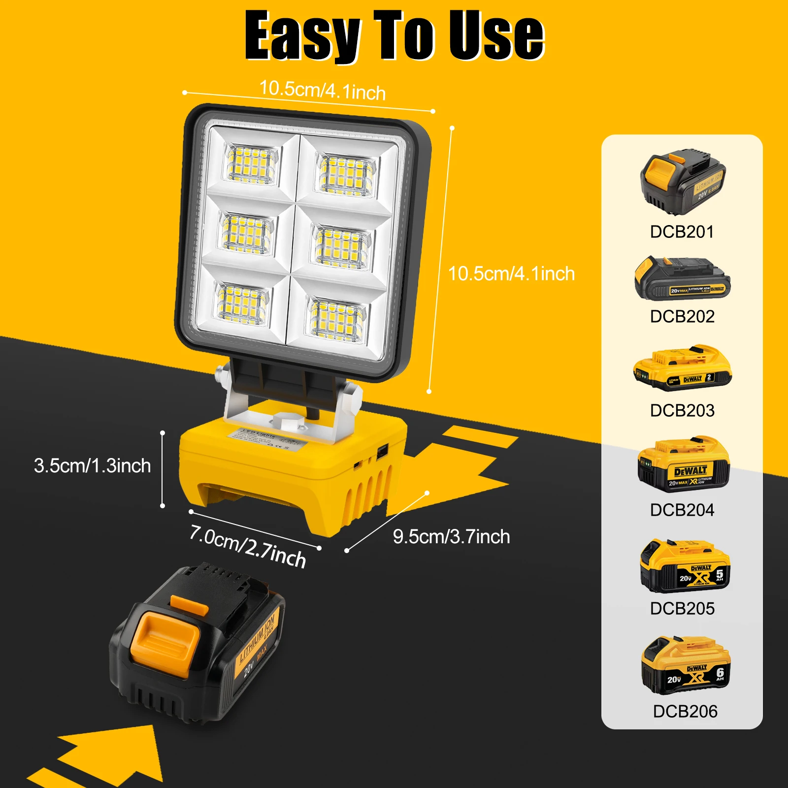 Portátil sem fio LED luz de trabalho, recarregável, base ajustável, luz de inundação para DeWalt, sem bateria, 5200LM, 48W