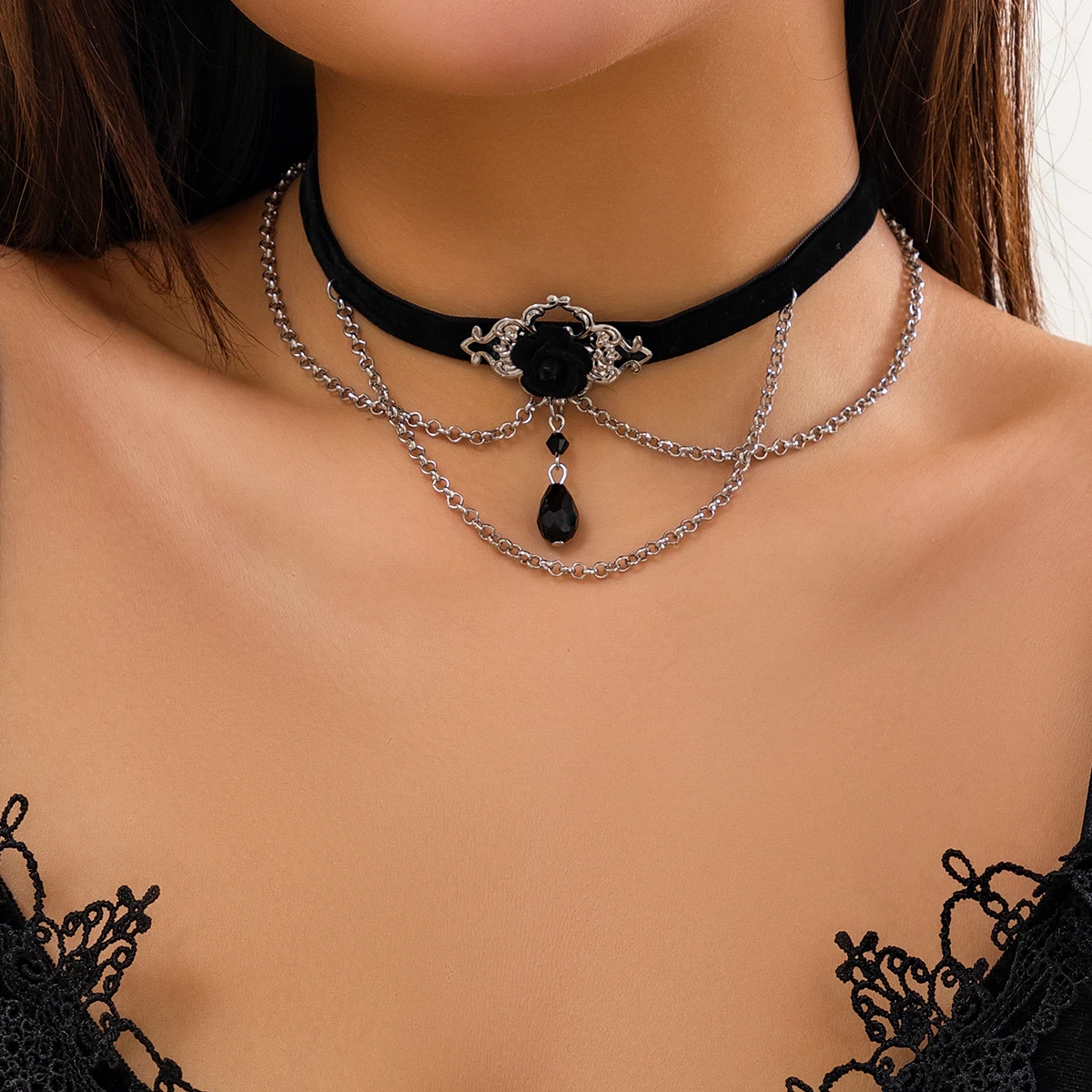 PuRui Punk Black Cotton Rope Choker for Women Link Chain Tassel Crystal Beads Charm Necklace Gothic Jewelry 2024 New Party Girls