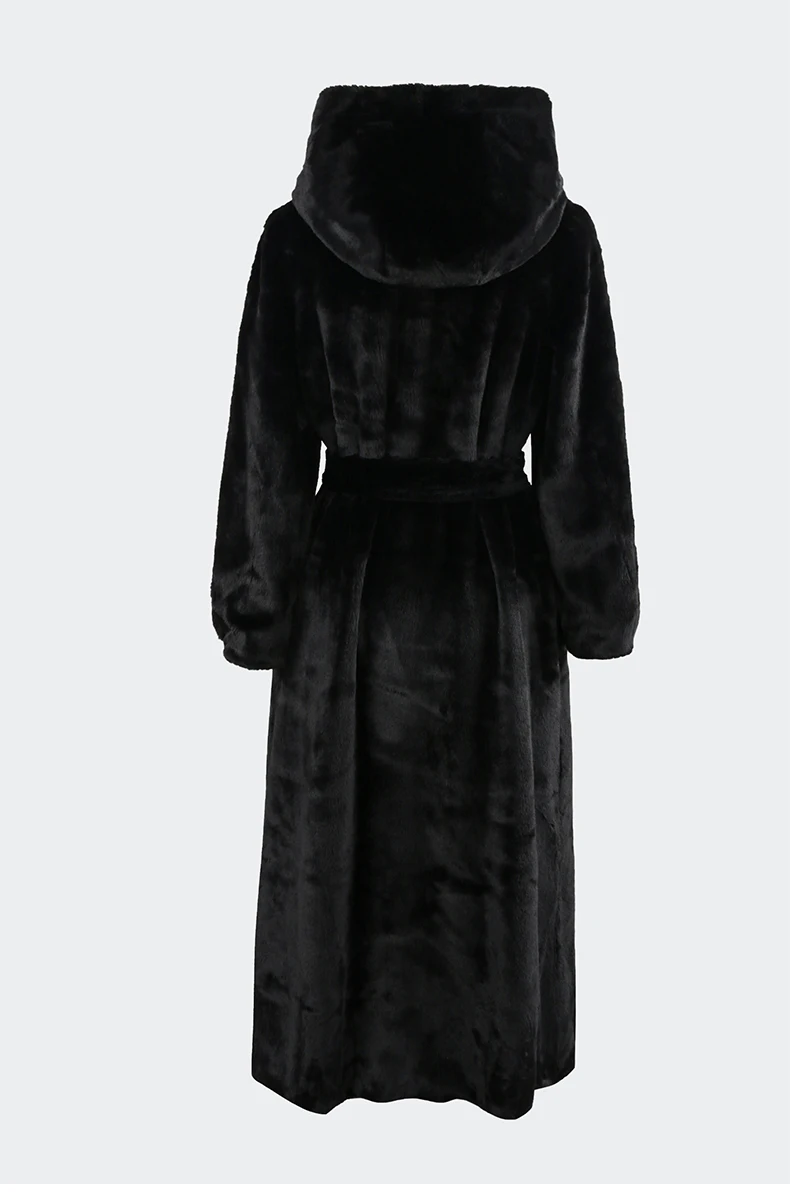Nerazzurri Autumn Winter Extra Long Luxury Elegant Thick Warm Black Soft Fluffy Faux Rex Rabbit Fur Coat Women with Hood Sashes