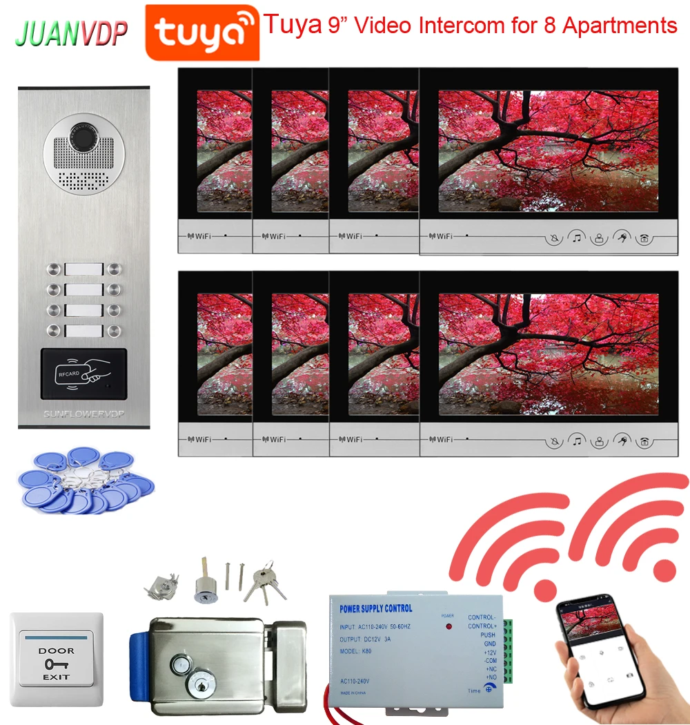 

8 lines 9inch Tuya Video Door Phone Intercom Doorbell With RFID HD IR Outdoor Waterproof Camera Inductive Card Video Door Phone