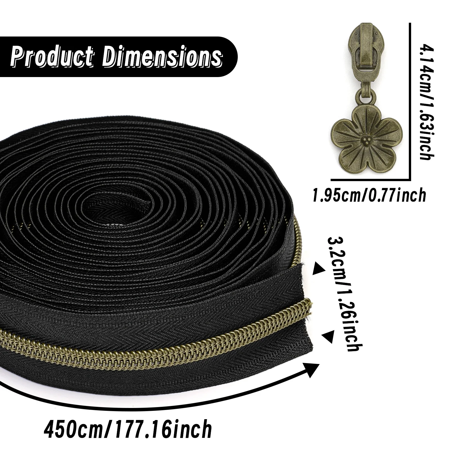 طقم واحد (450 سم سحاب + 10 رؤوس سحاب)، 5 # سحاب من النايلون ذو الأسنان النحاسية القديمة، ورقة سحاب زهر البرقوق البرونزي #5