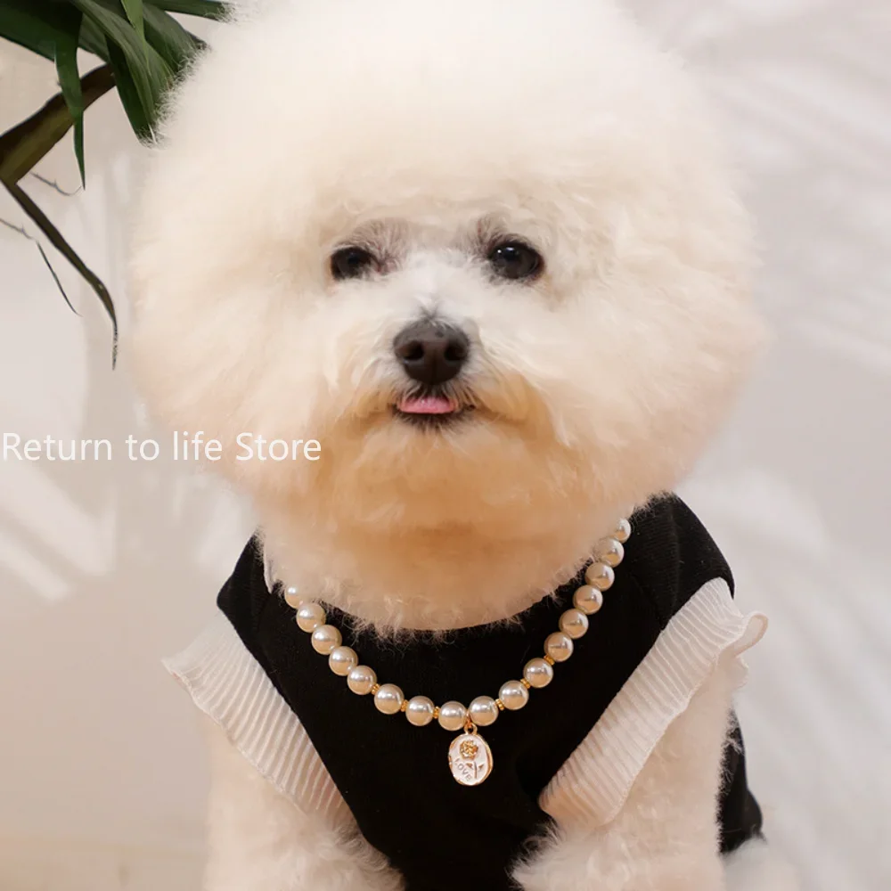 Pet Pearl Collar Dog Princess Rose Necklace Cat Jewelry Cute Collar Puppy Accessories Dog Chain Chihuahua Wedding Jewelry Stuff