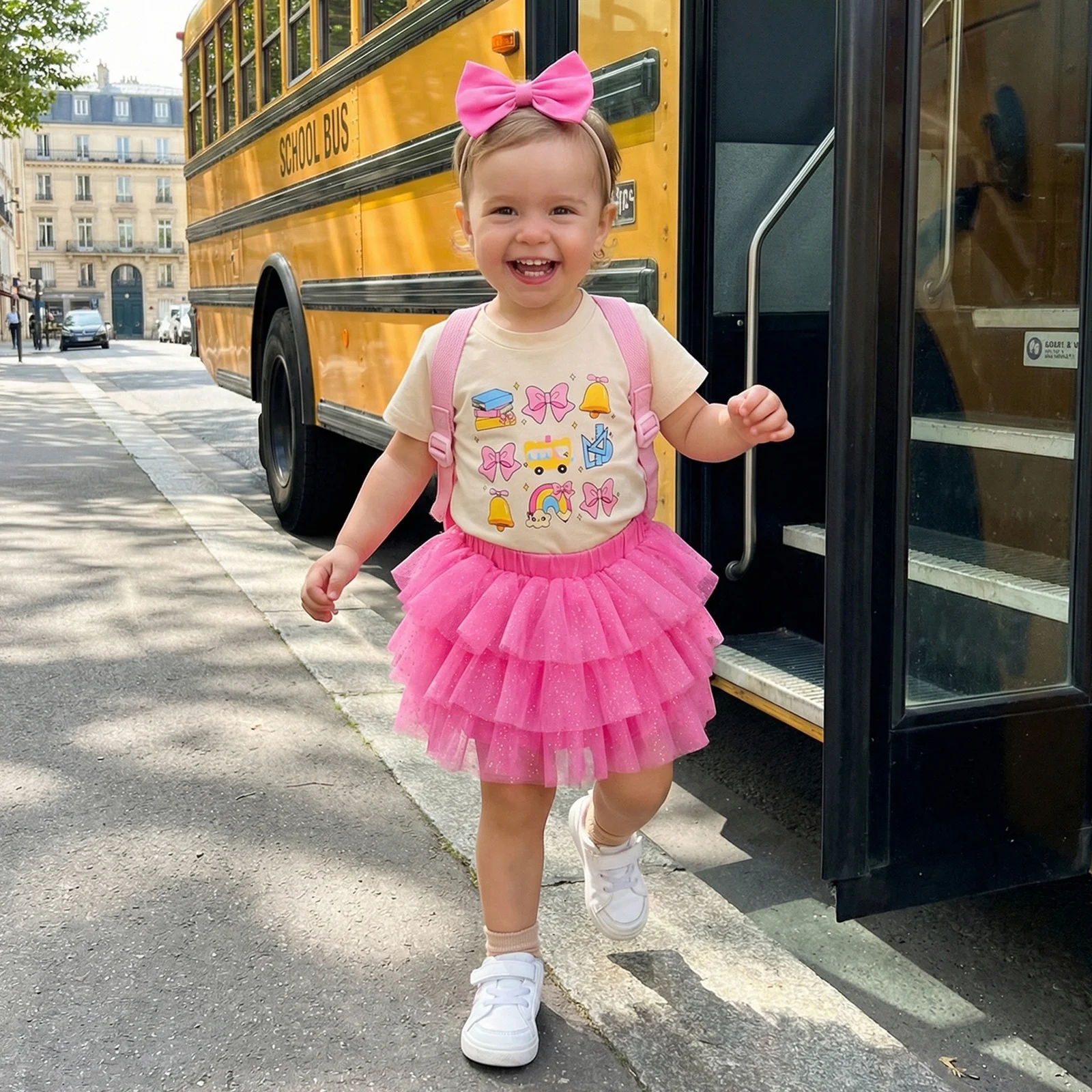3Pcs Back to School Outfit for Little Girls Short Sleeve Crew Neck Bow Bell Print Shirt Layered Tulle Skirt Headband 2-6Y