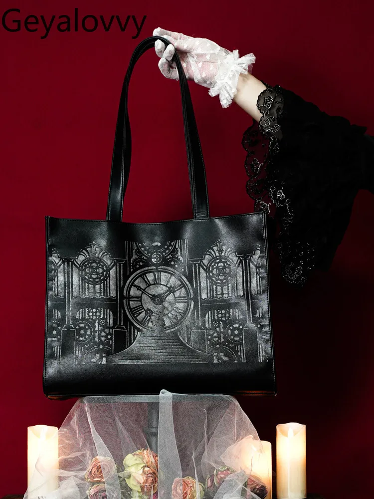 

Оригинальная сумка-тоут в стиле готической лолиты, большая вместительная сумка через плечо, универсальная черная сумка в японском стиле, милая косметичка для девочек, для путешествий