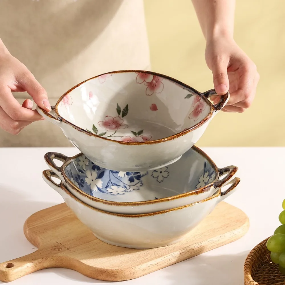 

Kitchen Tableware 7.5inch Japanese Noodle Bowl Ceramic Binaural Handle Soup Bowl Retro 700ml Salad Bowl Microwave