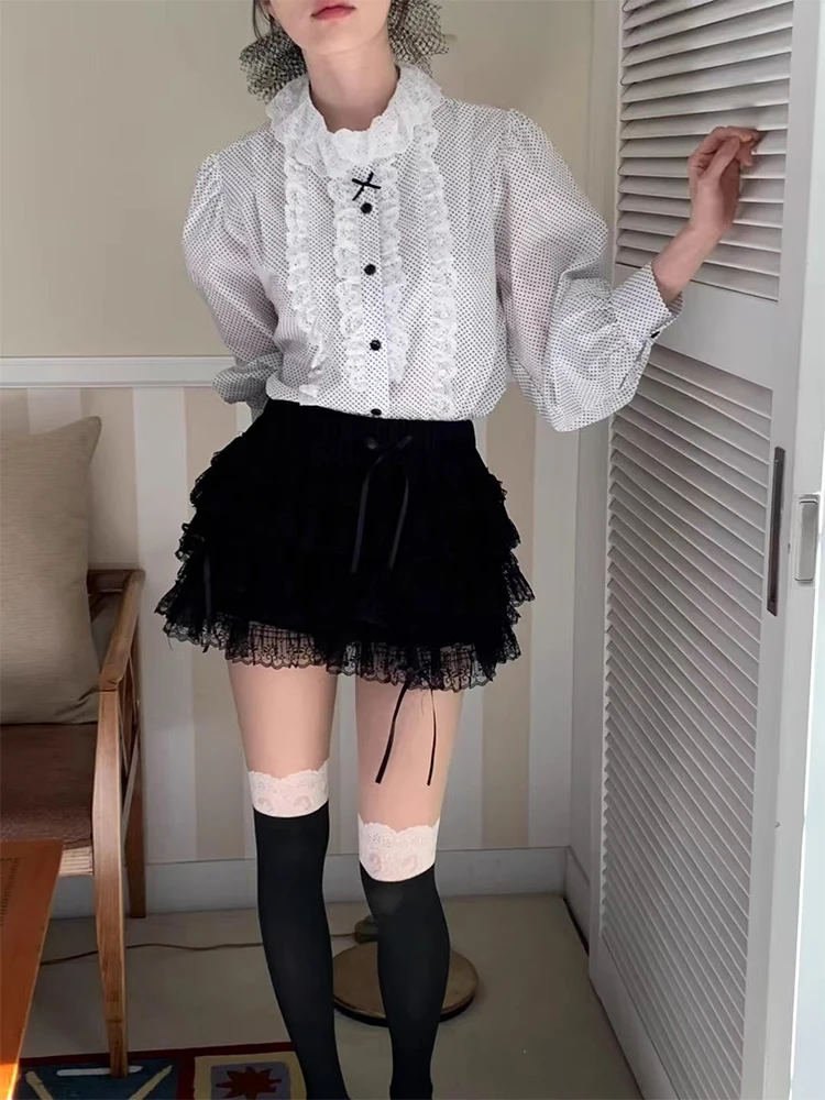 

Весенняя новинка: комплект из двух предметов — юбка и топ в горошек с кружевом, женская модная одежда с высокой талией, балетный стиль, весенняя коллекция