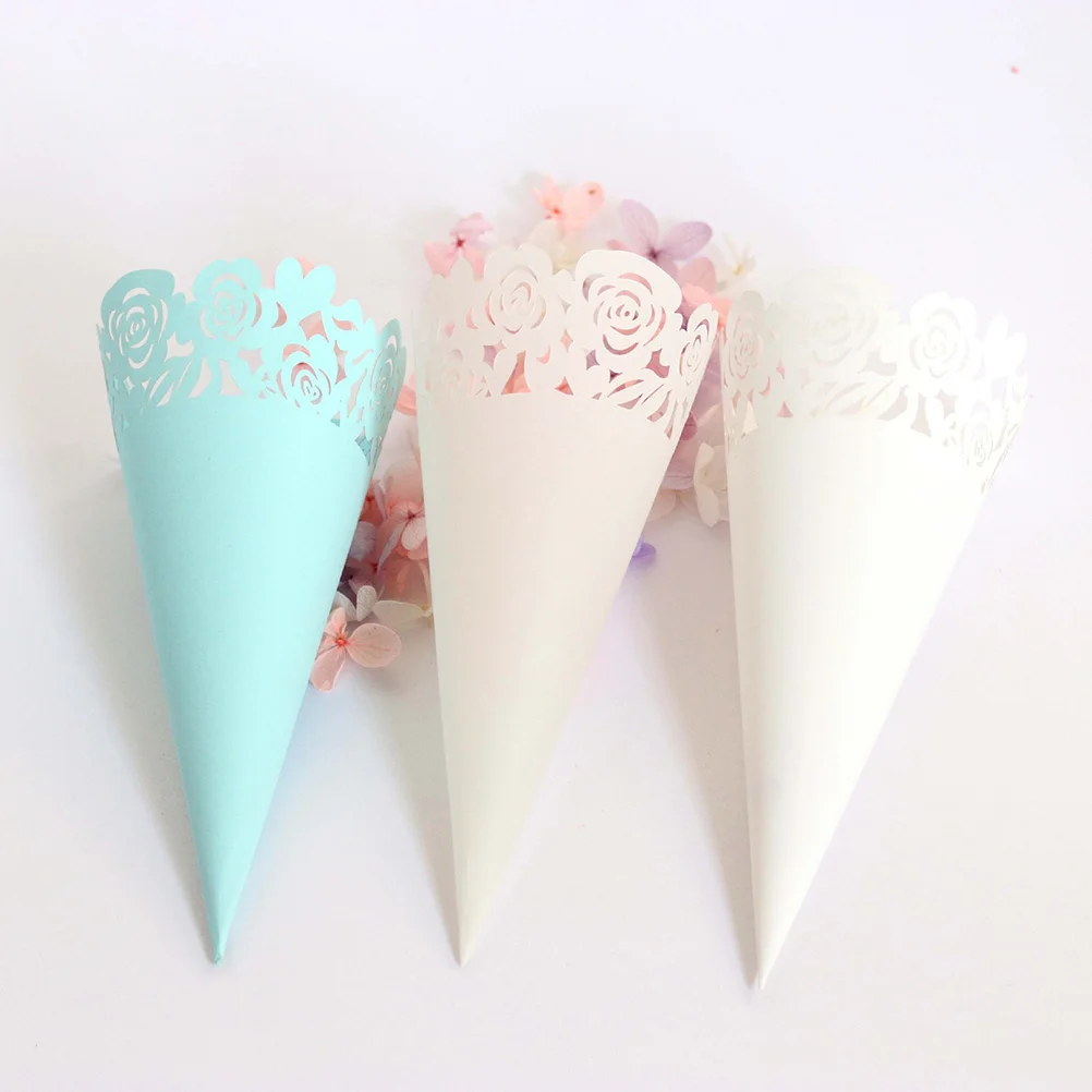 50pcs Hollow out Rose Pattern Dried Flower Cone Wrappers DIY Lace Paper Small Bouquet Packaging Flowers Wrapping Tube (White)