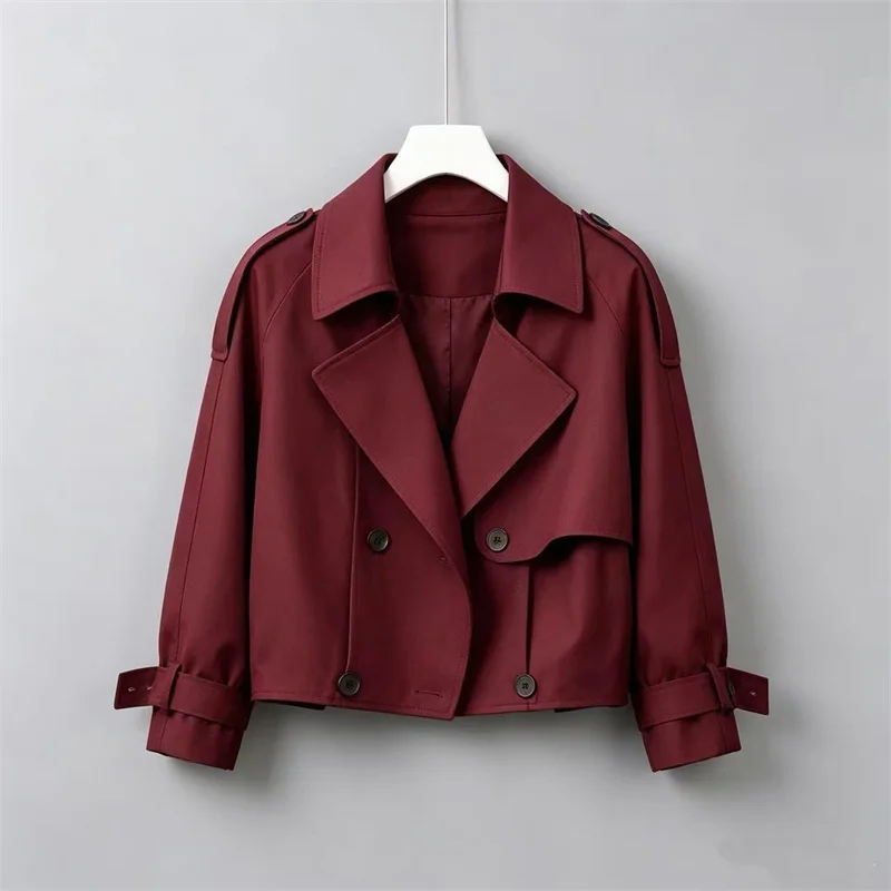 Women Wine Red Trench Coat Short Jacket 2026 Spring Autumn Coat New Casual Fashion Loose Top Windbreakers Outerwear Korean Style