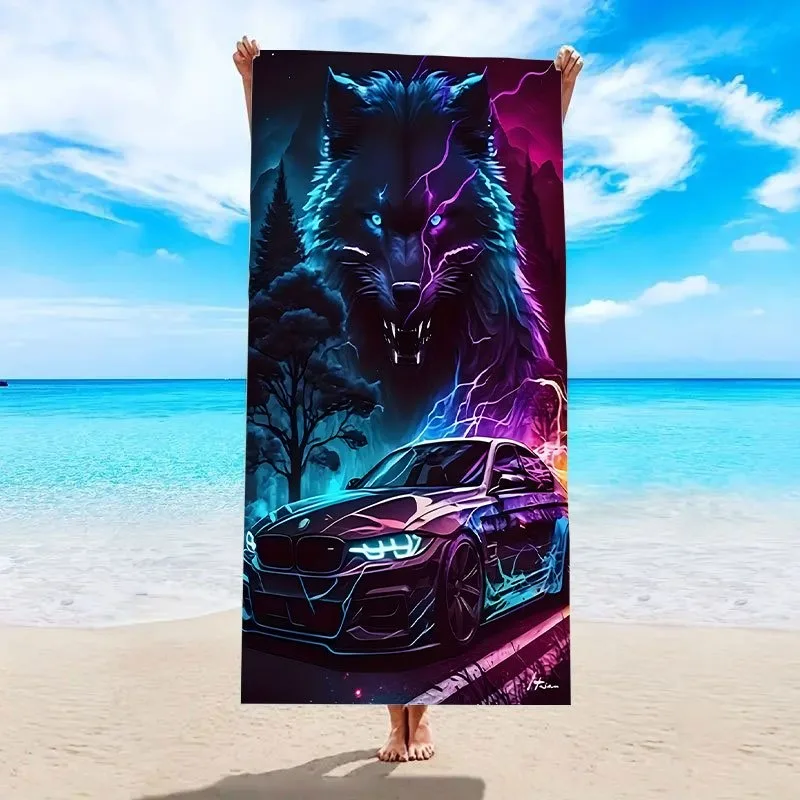 

Quick-Dry Polyester Beach Towel Woven Rectangular Machine-Washable Vivid Wolf Car Design 100% Polyester Modern Beach Blanket