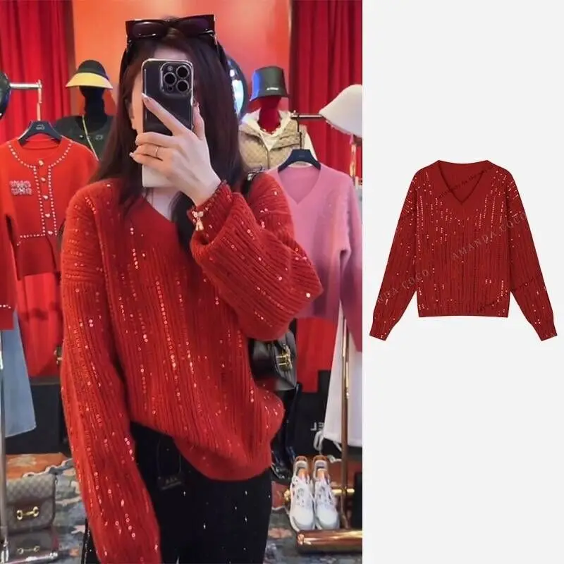 

Red Heavy Industry V-neck Wool Sequin Knitted Sweater Women 2024 Spring Autumn Fashion Lazy Style Loose Design Pullovers X802