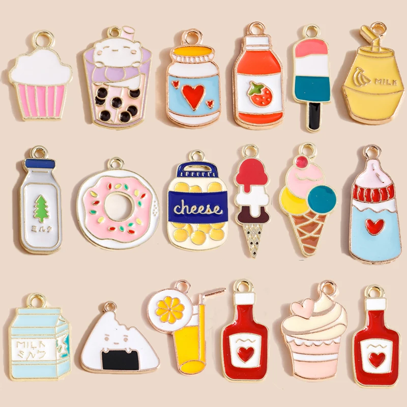 Colgantes para collares hechos a mano, 10 piezas, mezcla de esmalte, comida, bebida, helado, pastel, zumo de Cola, accesorios para hacer joyas