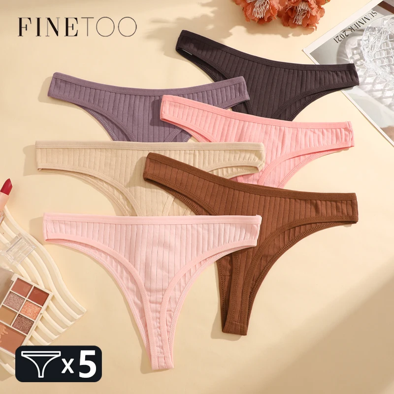 

FINETOO 5pcs Cotton Striped Thongs Breathable Underwear Women's Panties Sexy Low-Waist G-string Stretchy Solid Bikini Lingerie