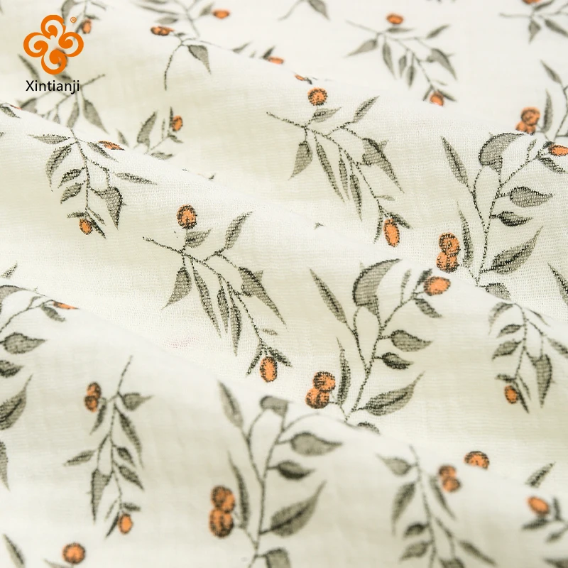 100x135cm Soft Cotton Gauze Fabric Plant Leaves Print Double Layer Gauze Children Flower Pants Pajamas DIY Material By The Meter