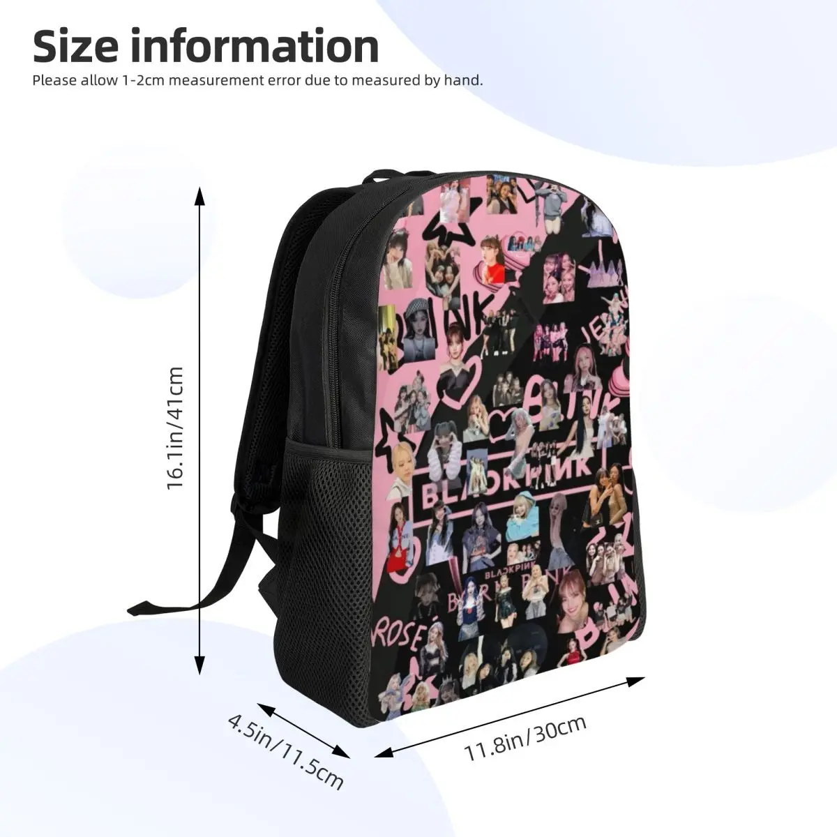 사용자 정의 핑크 Kpop-Blacks 여성용 배낭 남성 학교 대학생 Bookbag 15 인치 노트북 가방에 적합