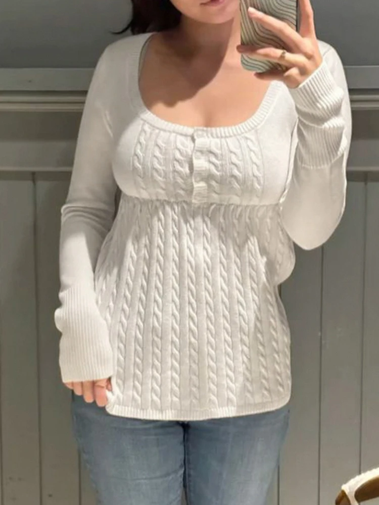 

Korobov Autumn Casual Y2k Hotsweet U Neck Long Sleeve Solid Slim All Match High Waist Sweater Women Jumpers