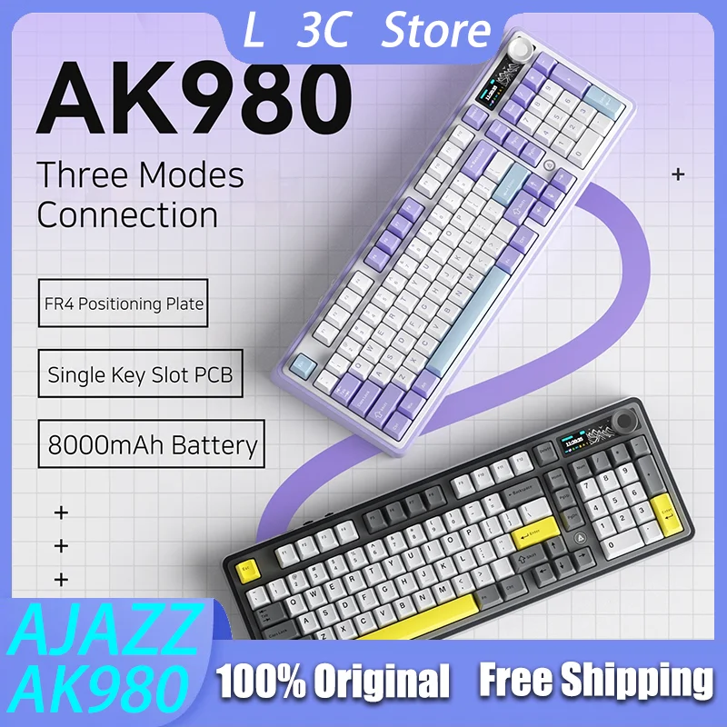 

AJAZZ AK980 Tri-Mode Wireles Mechanical Keyboard Bluetooth Office Game Custom RGB NKRO Hot Swap 1.14-Inch TFT Screen Metal Knob