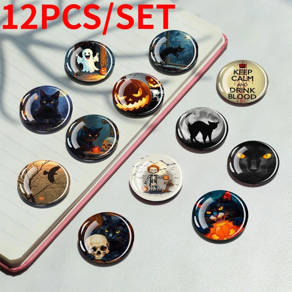 12PCS Halloween Themed Circular Magnetic Refrigerator Sticker, Suitable for Attaching To Metal, Is An Ideal Halloween Party Gift
