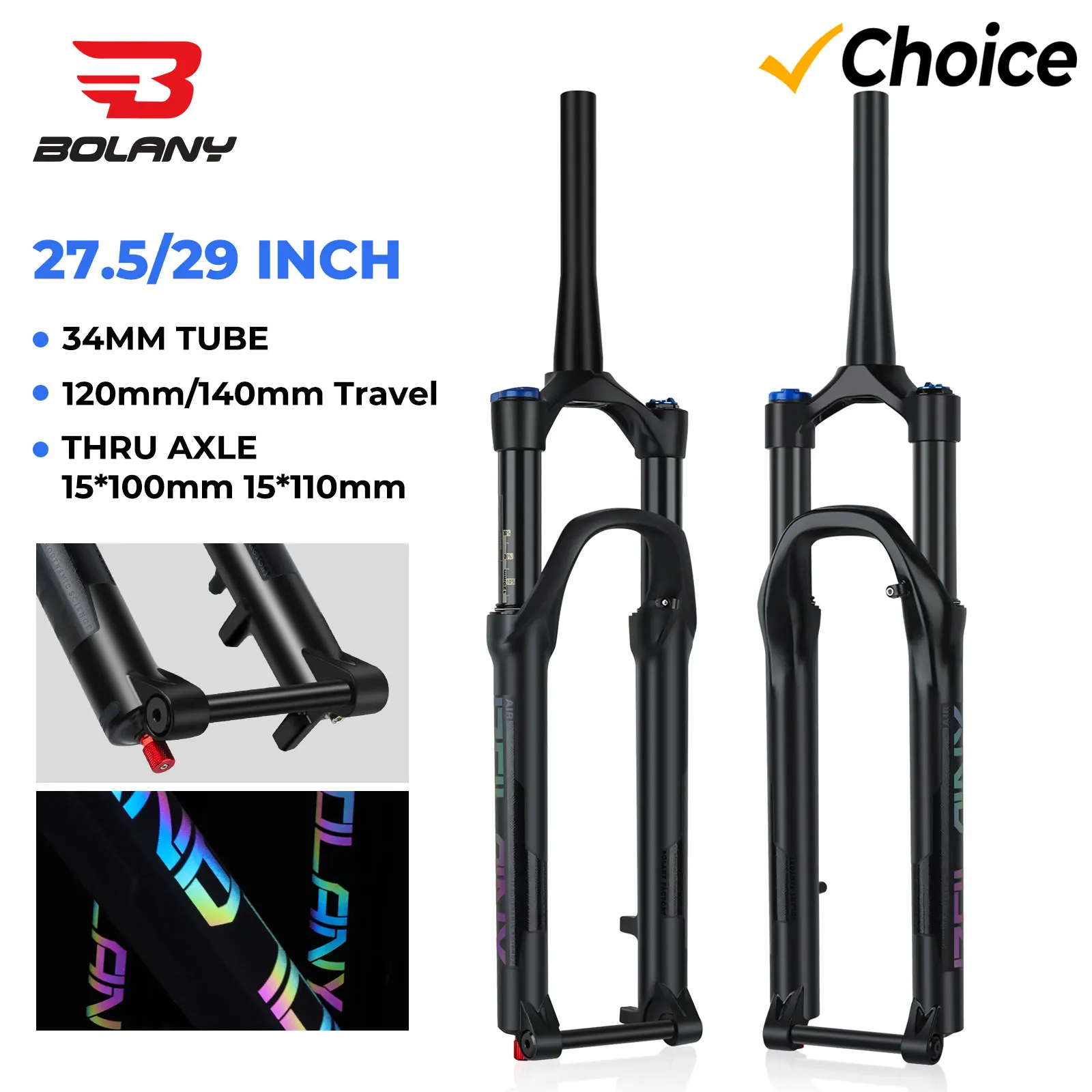 BOLANY Boost Bicycle Fork Thru Axle 27.5/29inch 120/140mm Travel Suspension Fork 100/110mm 34mm Tube Tapered Rebound Adjustment