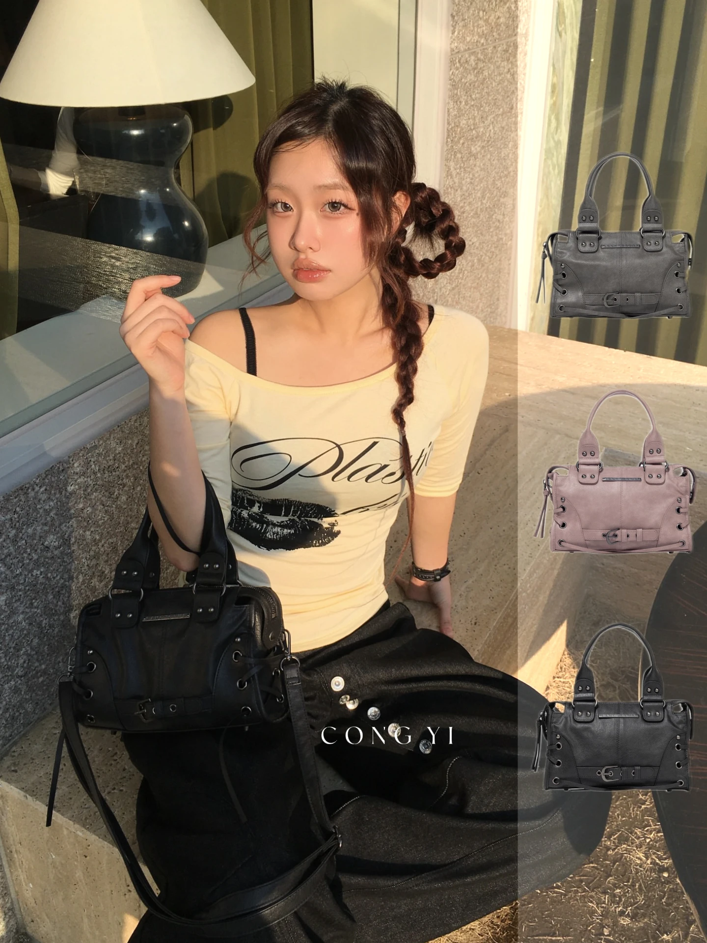 korean-style-spicy-girl-retro-rivet-motorcycle-bag-crossbody-single-shoulder-handbag-ins-style-polyester-zipper-closure
