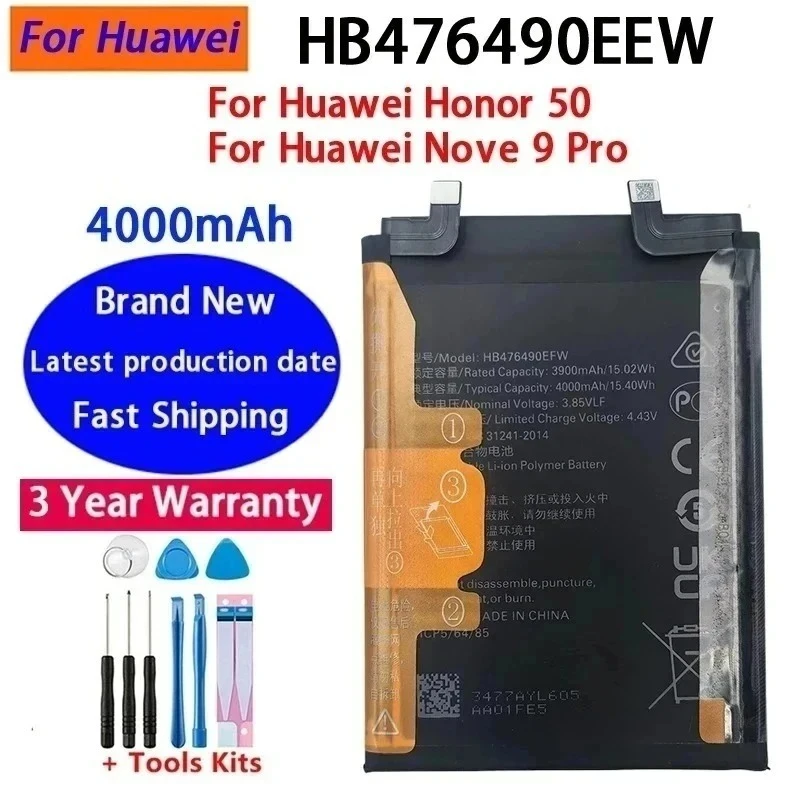Batterie 100% neuve 4000mAh HB476490EFW pour Huawei Nova 9 Pro pour Honor 50 Pro Batteries Bateria Batterij + outils gratuits, expédition rapide