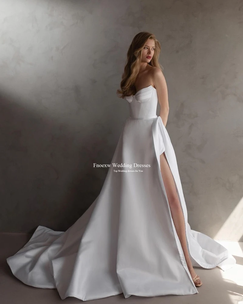 Fnoexw Simple A Line Satin Wedding Dresses Sweetheart Sweep Train High Slit Bridal Gowns Mariage Vestidos De Boda Para Fiestas