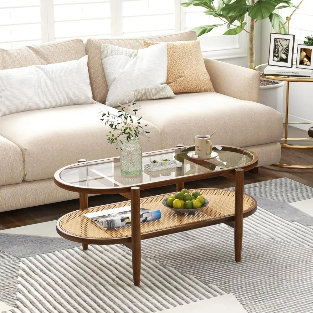 Boho Coffee Table, 2-Tier Center Table with Tempered Glass Tabletop & PE Rattan Storage Shelf, Mid Century Modern Tea Tab
