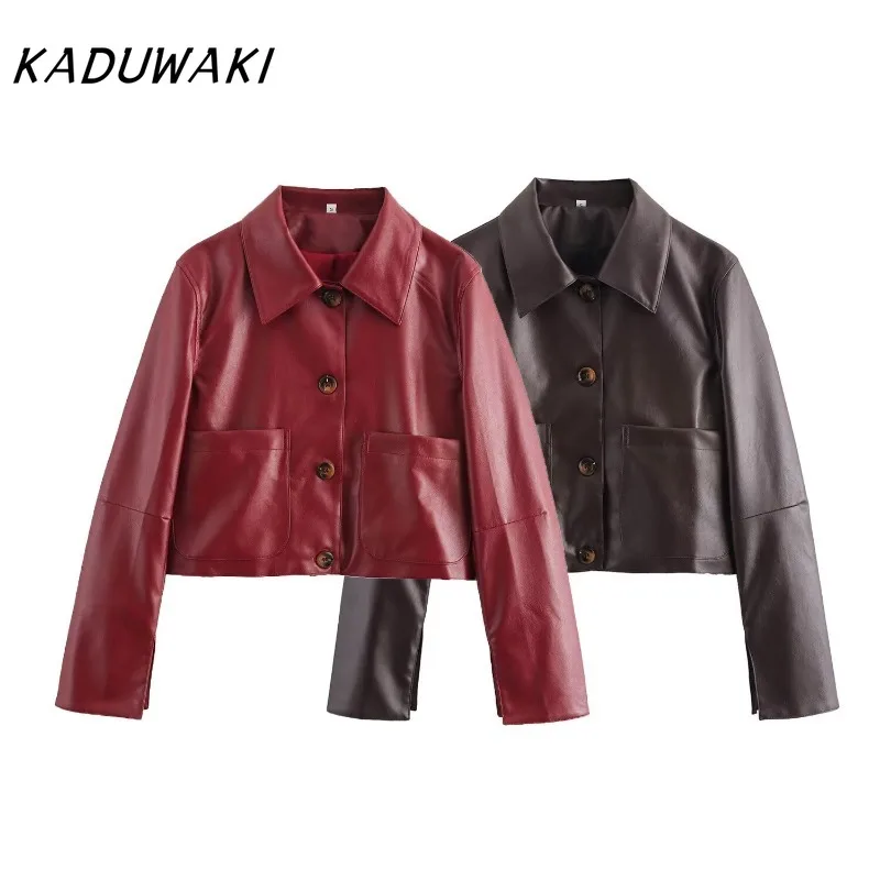 

KADUWAKI Spring Women's Clothing Retro Loose Women's Leather Jackets Lapel Short Style with Split Cuffs Faux Leather Coats 방수자켓