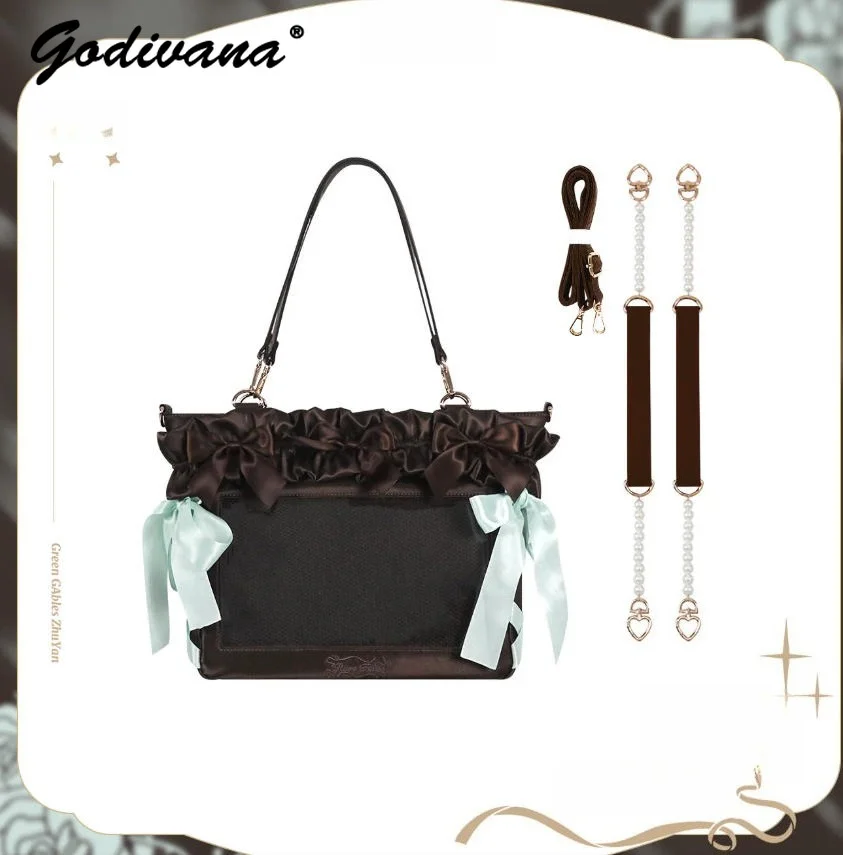

Original Design Cute Satin Bow Pain Bag Lolita Shoulder Crossbody Large Capacity Women's 14inch Computer Bag Zagu Tote Bags