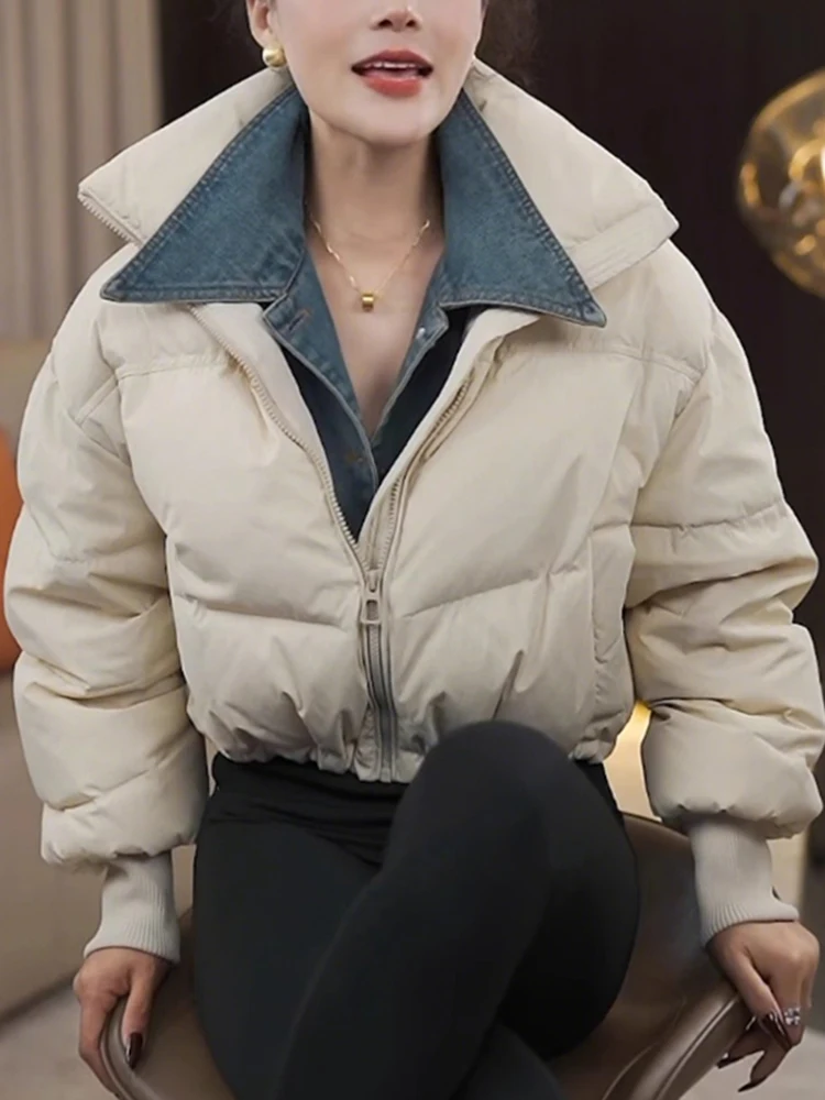 

Women's ort Denim Collar down Cotton Jaet Fake Two-Piece Design Trendy Slimming Winter Outerwear Korean Sle Loose Fit