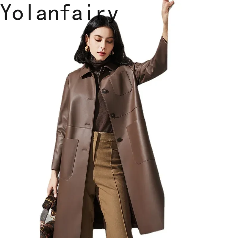 

YOLANFAIRY, осенняя куртка из натуральной кожи, женская одежда, пальто из натуральной овчины, женское элегантное свободное модное корейское пальто с большим карманом