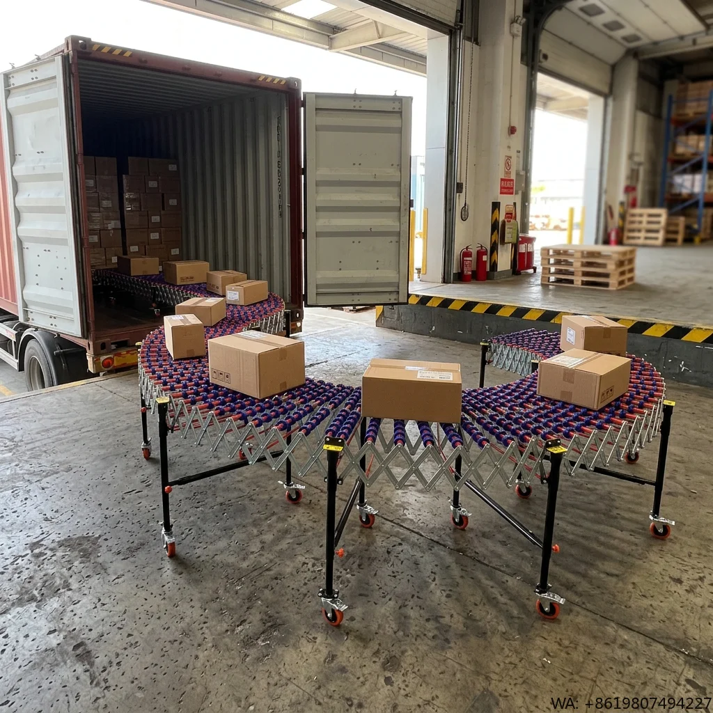 Portable Accordion Frame Skatewheel Conveyor Flexible Gravity Telescopic Skate Wheel Conveyor for E-commerce Distribution Center